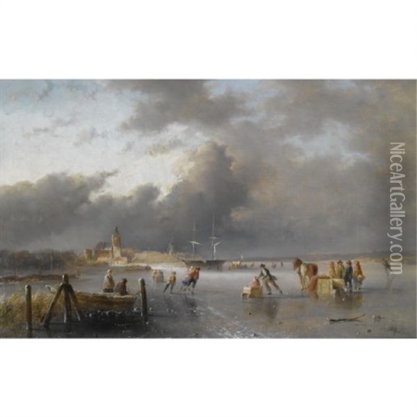Skaters On A Frozen Waterway, A Koek En Zopie In The Distance Oil Painting - Jan Evert Morel the Younger