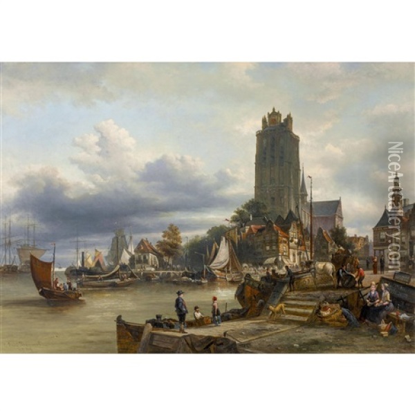 Blick Auf Den Hafen Von Dordrecht Mit Grote Kerk Oil Painting - Elias Pieter van Bommel