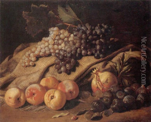 Still Life Of Grapes, Peaches, Figs And A Pomegranate Oil Painting - Jacob van der Kerckhoven