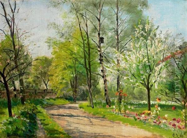 Spring Day In Frederiksberg Garden With Blooming Trees. Signed Cz 10 Oil Painting - Christian Zacho
