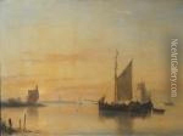 A Calm: Sailing Vessels At Anchor On The Merwede River With Dordrecht Beyond Oil Painting - Andreas Schelfhout