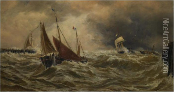 Shipping In A Storm Off Calais Harbour Oil Painting - Thomas Bush Hardy