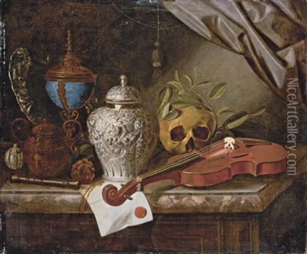 A Vanitas Still-life With A Violin, A Silver Ginger Jar, A Recorder, A Letter With A Red Seal, A Silver-gilt Hardstone Cup And Cover, A Duth Embossed Silver Dish And A Skull Wreathed With Laurel On A Oil Painting - Pieter Gerritsz van Roestraten