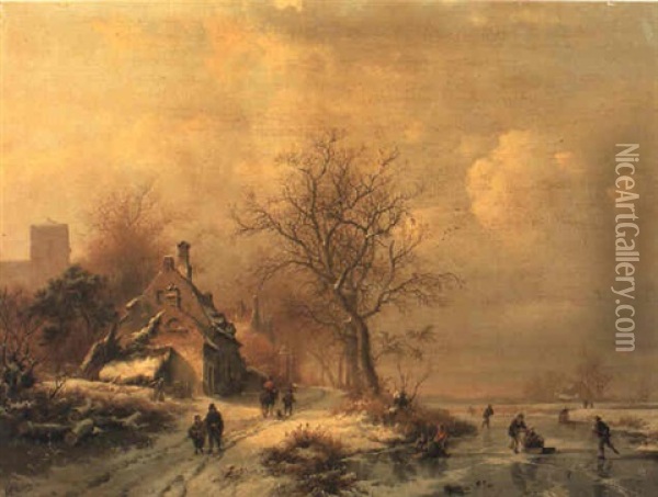 Figures In A Frozen Winter Landscape Oil Painting - Frederik Marinus Kruseman