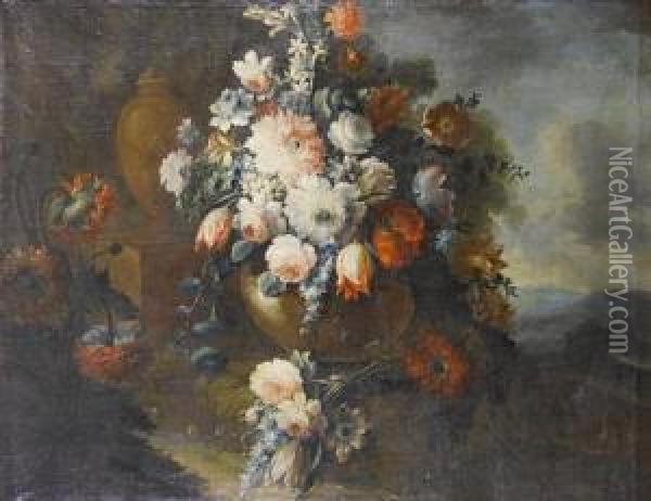 A Still Life Of Roses, Tulips, Carnations And Other Flowers In A Stone Vase, Beside Another Vase In A Landscape Oil Painting - Michele Antonio Rapous