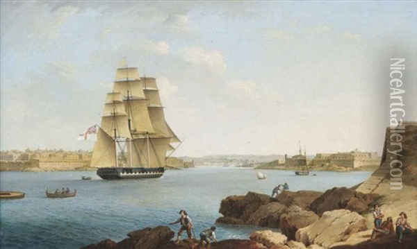 A British Frigate Entering Grand Harbor, Valetta, Malta Oil Painting - Anton Schranz