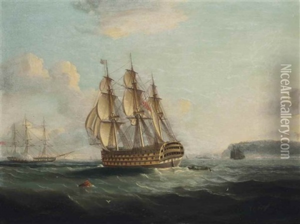 A Ship Of The Line Off The South Coast, With A Frigate Firing A Salute Beyond Oil Painting - James Edward Buttersworth