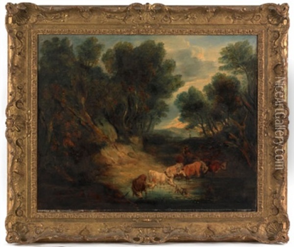 Landscape With Figures And Cows Oil Painting - Thomas Gainsborough