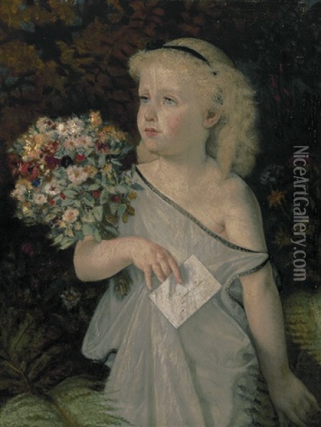 Portrait Eines Blonden Madchens Mit Blumenstraus Und Brief Oil Painting - German von Bohn