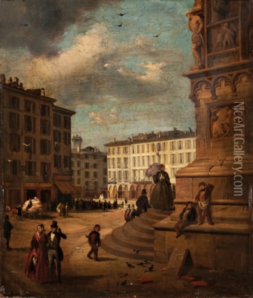 Veduta Di Piazza Del Duomo Dall'angolo Di Palazzo Reale Oil Painting - Angelo Inganni