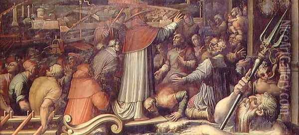 Pope Eugenius IV arriving at Livorno from the ceiling of the Salone dei Cinquecento, 1565 Oil Painting - Giorgio Vasari