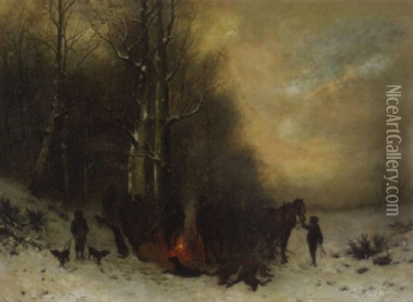 A Hunting Party Resting By The Edge Of A Forest In A Winter Landscape Oil Painting - Friedrich Josef Nicolai Heydendahl