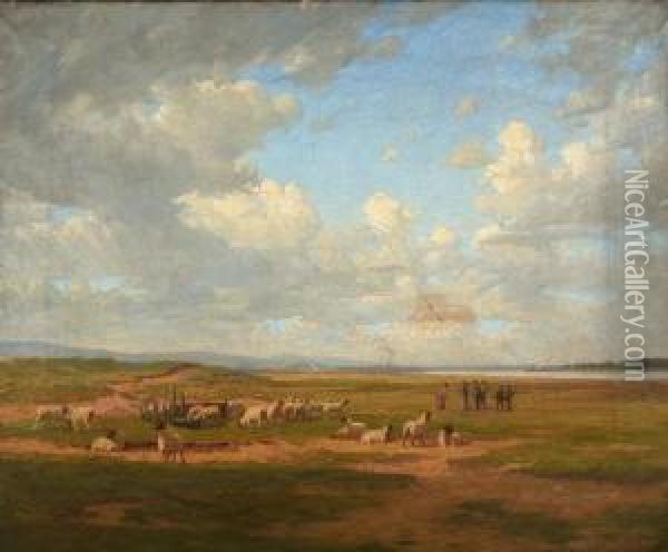 Malahide Golf Course - With Golfers And Sheep And A View Of The Pigeon House Beyond Oil Painting - Dermod William O'Brien