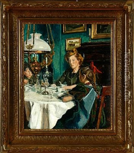 A Mother And Her Children Around The Dining Table Oil Painting - Viggo Pedersen