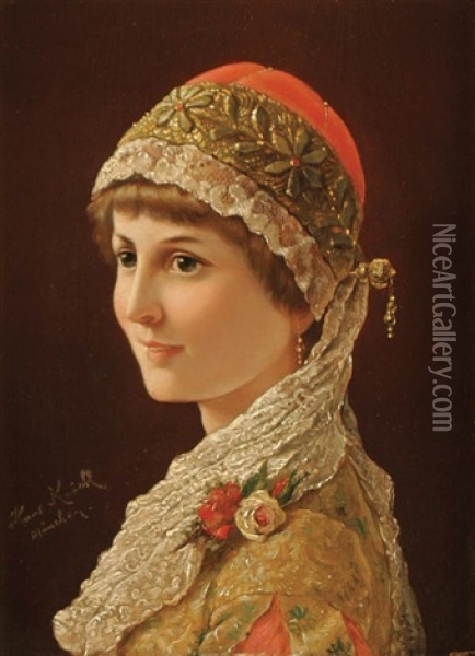 Beautiful Young Woman With Embroidered Costume Oil Painting - Hans Knoechl