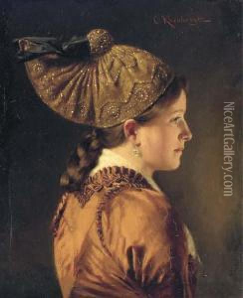 A Portrait Of A Girl Wearing A Goldhaube Oil Painting - Carl Kronberger