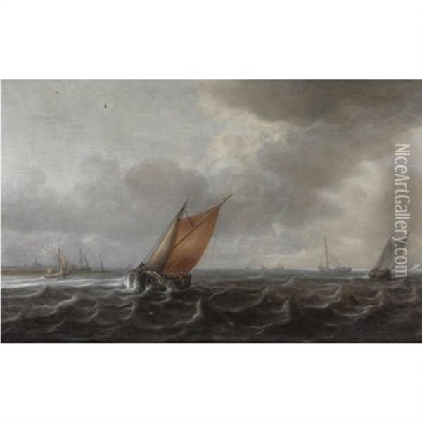 A River Estuary With Light Shipping In A Strong Breeze Oil Painting - Justus Verwer
