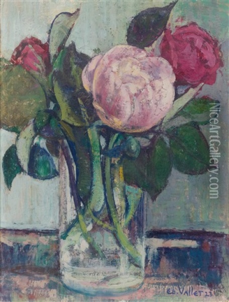 Roses Dans Un Verre Oil Painting - Edouard Vallet
