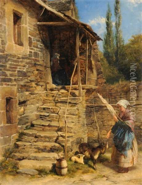Girl Standing In A Sunlit Courtyard With A Goat And Kid At Her Feet Oil Painting - Edward John Cobbett