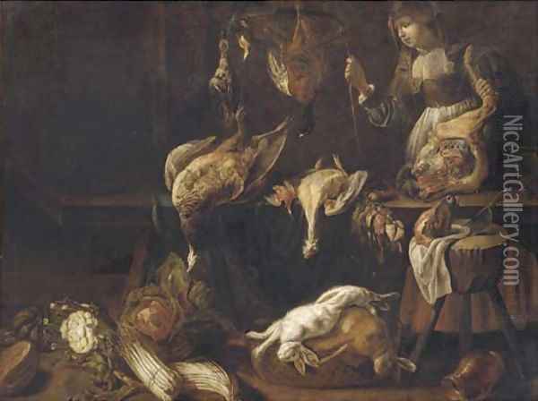 An interior with a kitchen maid, dead game birds hanging, two dead hares in a basket and asparagus, cabbage, cauliflower and melons on the floor Oil Painting - Adriaen van Utrecht