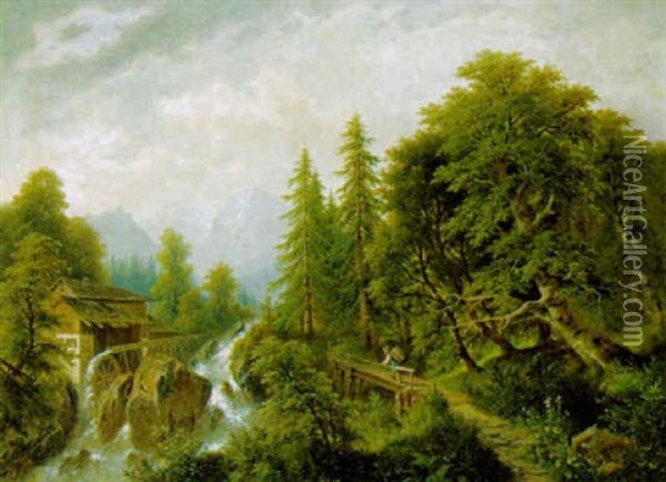 Bei Der Gebrigsmuhle Oil Painting - Josef Burgaritzky