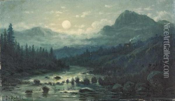 Nachtliche Flusspartie Im Gebirge Bei Vollmond. Oil Painting - Giuseppe De Rubelli