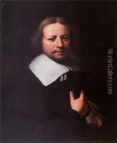Portrait Of A Gentleman Wearing A Black Tunic And White Lace Collar, Holding A Glove In His Right Hand Oil Painting - Palamedes Palamedesz the Elder