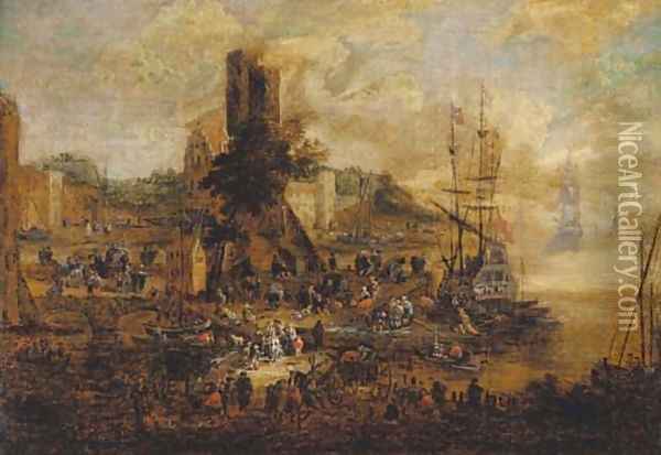 A quayside with numerous figures Oil Painting - Pieter II Casteels