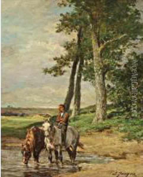 Les Chevaux A Lariviere Oil Painting - Charles Emile Jacques