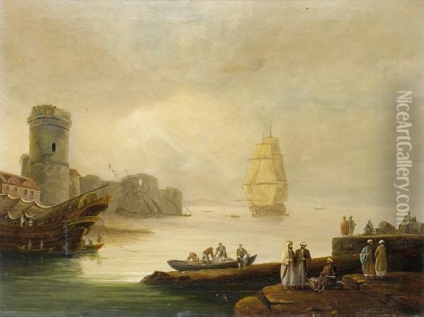 Figures On A Quayside Before A Ruinedport Oil Painting - Thomas Luny