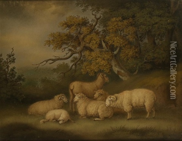 A 'marmotinto' Sand Painting Of Six Sheep In A Woodland Landscape Oil Painting - Benjamin Zobel