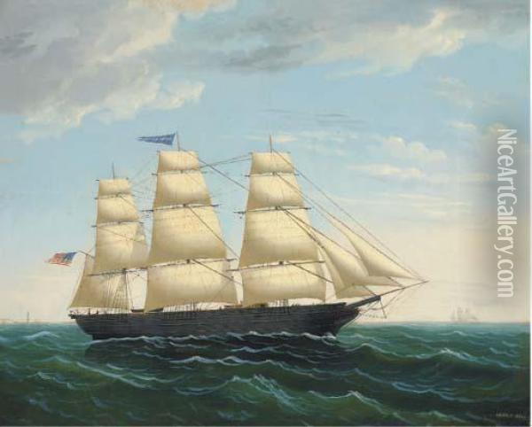 The American Three-master Sarah G. Hyde Off A Lighthouse Oil Painting - Edward Everard Arnold
