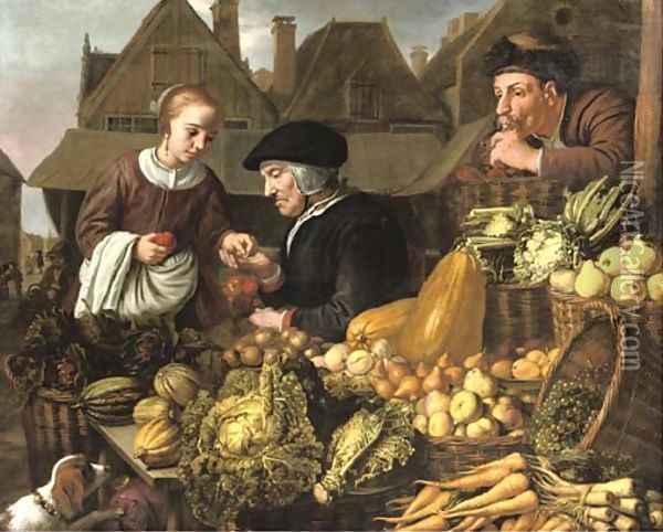 A young woman buying fruit from an old woman at a market, a man smoking a pipe nearby Oil Painting - Jan Victors