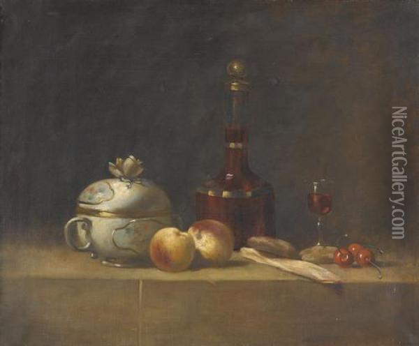 Stillleben Mit Fruchten, Brot Und Weinkaraffe Oil Painting - Jean-Baptiste-Simeon Chardin