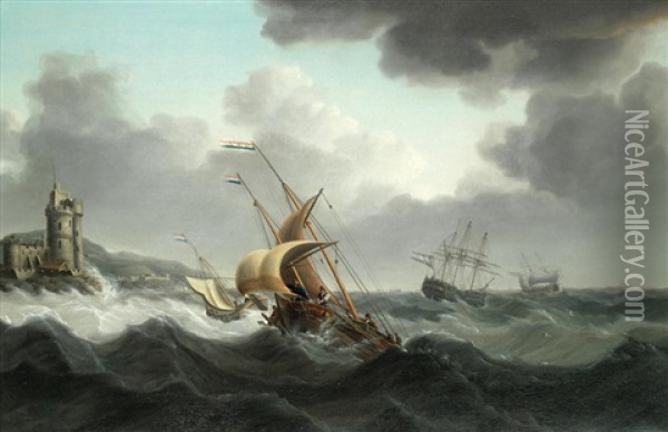 Shipping In Rough Waters Off A Fortified Headland Oil Painting - Charles Martin Powell