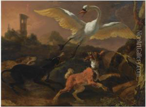 Three Hounds Chasing A Swan In A Landscape, A View Of A Ruinbeyond Oil Painting - Abraham Hondius