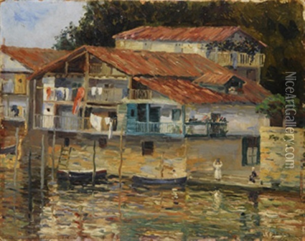 Casas Junto Al Rio, Pais Vasco Oil Painting - Dario de Regoyos