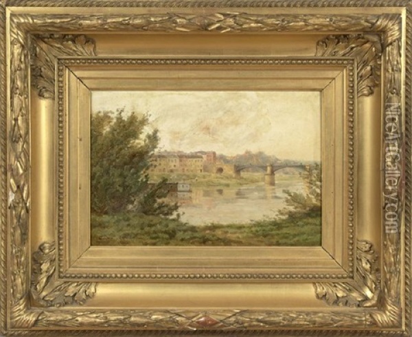 View Of A Town By The River, Witha  Barge And A Bridge Oil Painting - Gustave Maincent