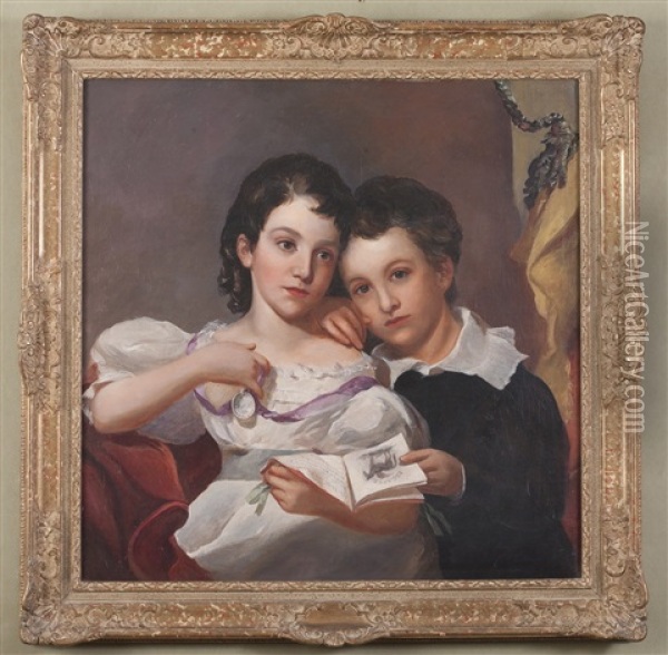 Portrait Of A Borther And Sister Holding A School Book, She With Ribbones Merit Award Oil Painting - Manuel Joachim De Franca