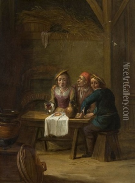 Scene D'interieur D'auberge Avec Deux Paysans Et Une Jeune Femme Oil Painting - Matheus van Helmont