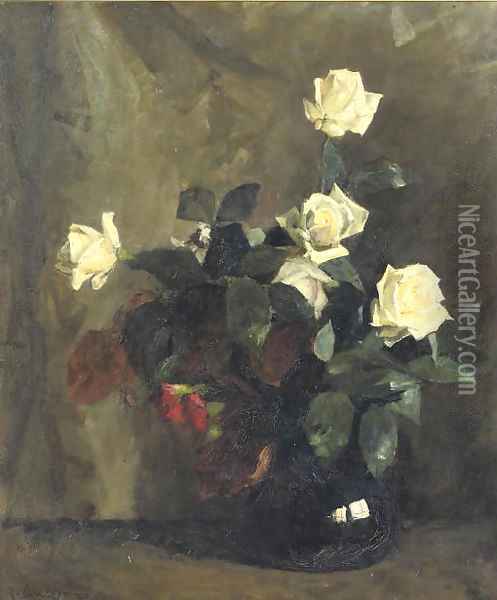 White rozes in a black vase Oil Painting - Floris Arntzenius
