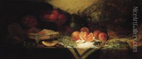 Still Life With Melon, Grapes, And Oranges Oil Painting - George William Whitaker