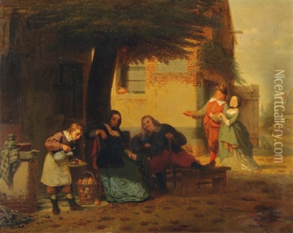 In De Welkomstt, Couple Aux Abords D'une Auberge Oil Painting - Willem Linnig the Elder
