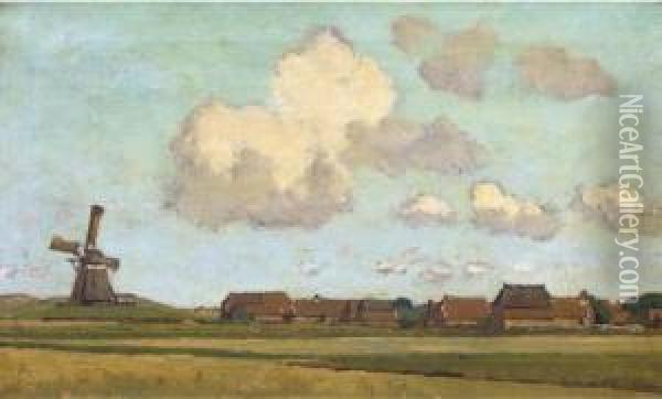 Op Ameland: A Windmill Near A Village On The Island Of Ameland Oil Painting - Dirk Wiggers
