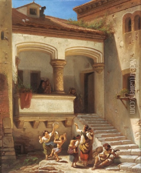 Musizierende Kinder In Einem Italienischen Innenhof Oil Painting - Wilhelm Gail