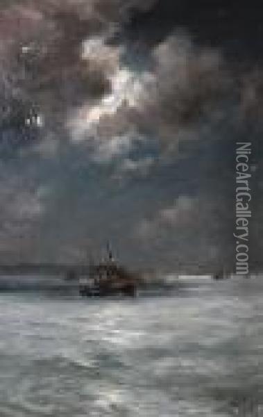 A Paddle Steamer On A Moonlit Sea Oil Painting - Eduardo de Martino