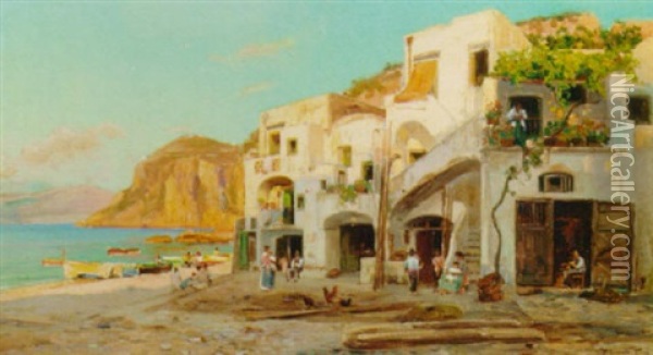 Houses By The Beach, Capri Oil Painting - Bernardo Hay