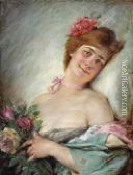 A Woman With Flowers Oil Painting - Serkis Diranian