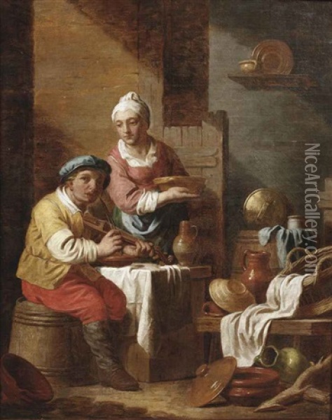 A Kitchen Interior With A Man Playing The Violin And A Woman Standing Beside Him Oil Painting - Jean Joseph (Pottekens-Verhaghen) Verhaghen