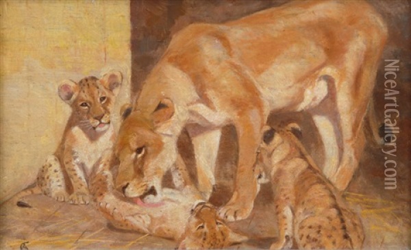 Lions (+ Another; Pair) Oil Painting - Carl Heinrich Wilhelm Appel